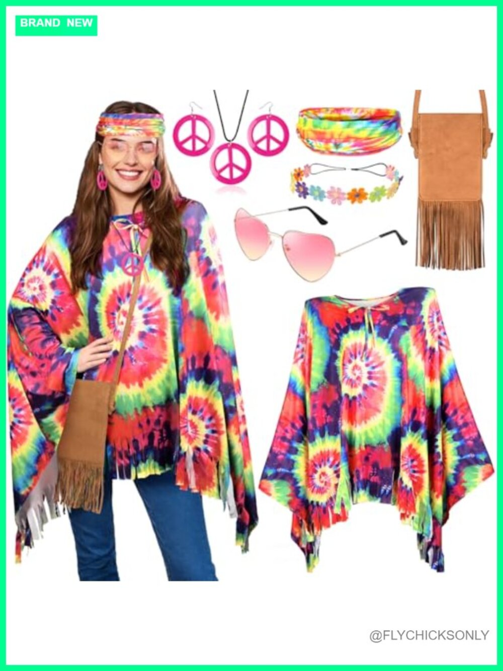 Hippie Costume Accessories Set Poncho Fringe Bag Headbands Sunglasses Peace